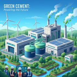 Sustainable cement manufacturing facility utilizing green hydrogen, solar panels, and wind turbines surrounded by greenery.