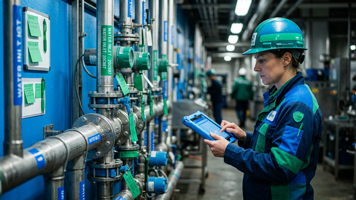 Engineer taking baseline effluent readings on a tablet in the utility area of a food processing plant during a water audit