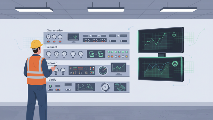 Control-room style illustration of a water treatment engineer at a multi-zone dashboard representing the Characterize, Segment, Sequence, Recover, and Verify layers of the BlueLoop Stack Framework.