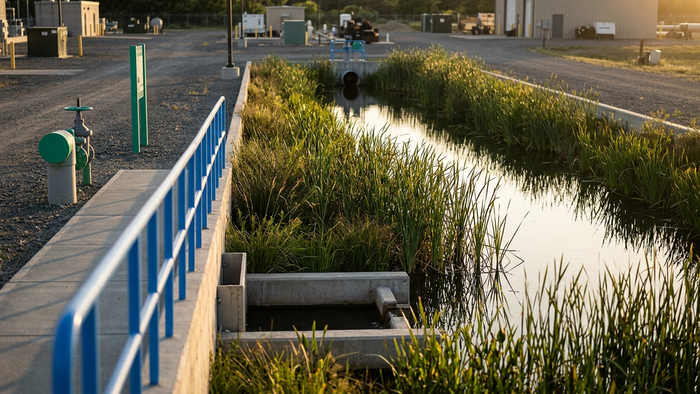 Editorial photograph of a constructed wetland basin with aquatic plants, inlet structures, and service paths used for nature-based wastewater treatment