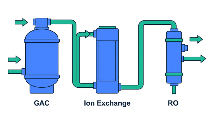 Flat editorial illustration showing GAC, Ion Exchange, and RO units as three sequential treatment stages passing water along a treatment relay