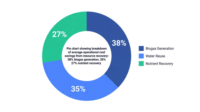 Pie chart showing pie chart showing breakdown of average operational cost savings from resource recovery: 38% biogas generation, 35% water reuse, 27% nutrient recovery — data visualization for average operational cost savings by resource recovery type (%)