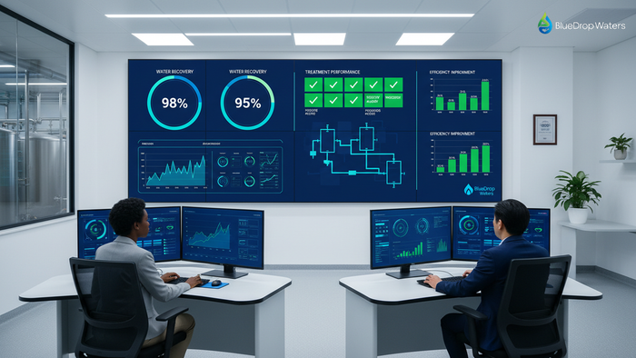 Advanced water treatment control room with engineers monitoring real-time data dashboards showing Zero Liquid Discharge system performance metrics, water recovery rates, and operational efficiency