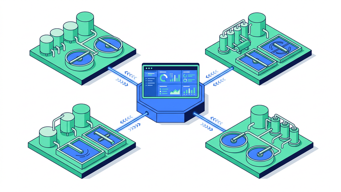 Isometric illustration of multiple water and wastewater plants connected to a central digital operations hub