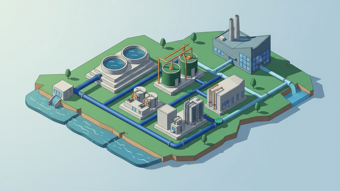 Isometric industrial water treatment facility illustration showing water flowing from a river intake through multi-stage treatment units into reuse and discharge points