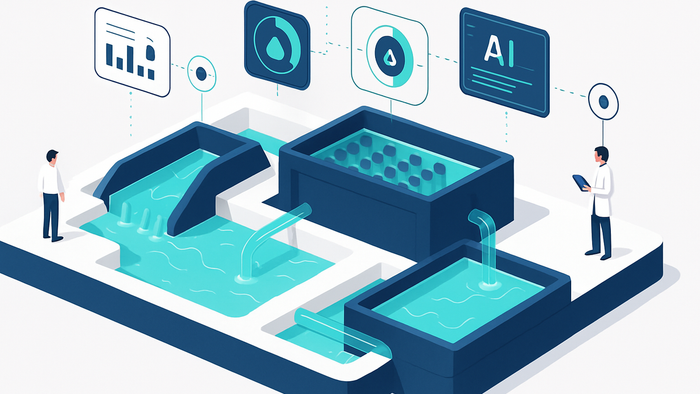 Isometric illustration of smart water treatment plant with AI sensors, digital monitoring systems, and multiple treatment stages showing water flow