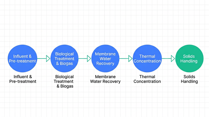 Process flow diagram showing the five-step ZLD sequence from influent through biological treatment, membrane recovery, thermal concentration, to solids handling