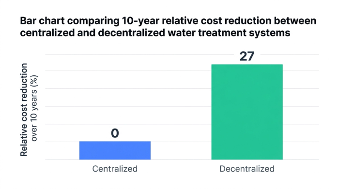 Bar chart showing bar chart comparing 10-year relative cost reduction between centralized and decentralized water treatment systems — data visualization for relative cost reduction over 10 years (%)