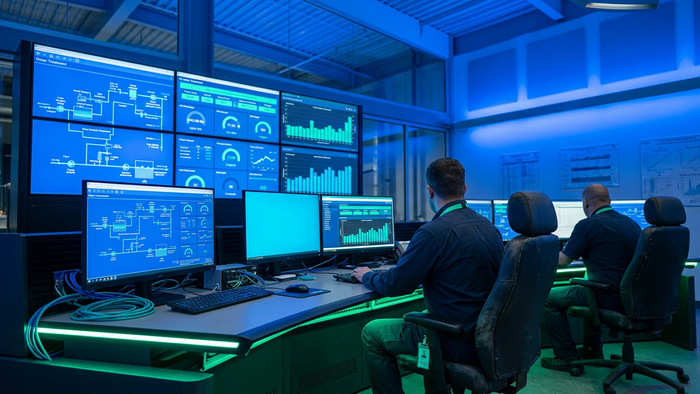 Industrial water plant control room with operators monitoring large dashboard screens showing real-time process data