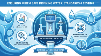 Infographic illustrating water testing process and safety standards with a blue and white color scheme.
