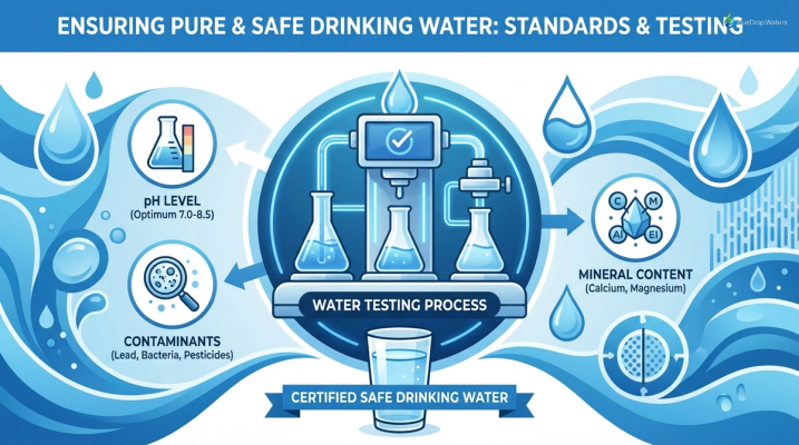 Infographic illustrating water testing process and safety standards with a blue and white color scheme.