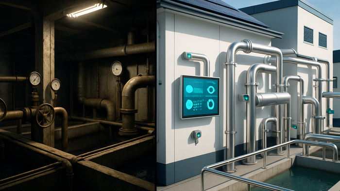 Split-screen comparison of aging traditional water treatment plant with manual controls versus modern smart facility with digital monitoring and IoT sensors