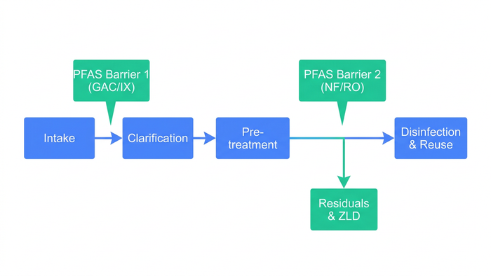 Process flow diagram of a PFAS-ready treatment train from raw water intake through clarification, pre-treatment, dual PFAS barriers, residuals handling, and final reuse