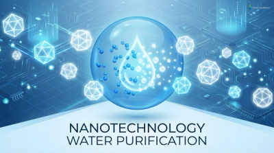 Futuristic digital illustration of nanotechnology purifying water at a microscopic scale.