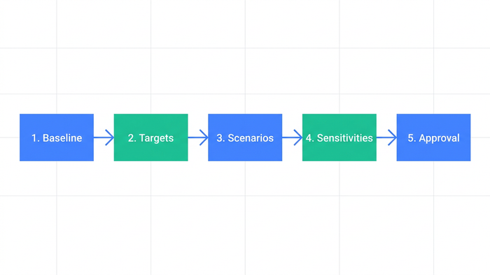 Five-step process flow diagram summarizing the ZLD cost-benefit analysis framework from baseline to approval