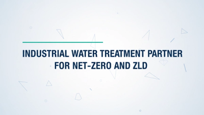 Hero typographic image with the title ‘Industrial Water Treatment Partner for Net-Zero and ZLD’ centered on a pale blue-gray gradient background with a thin green accent rule above the text.