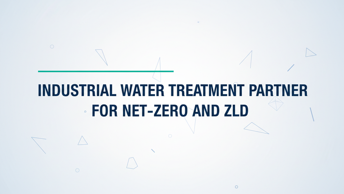 Hero typographic image with the title ‘Industrial Water Treatment Partner for Net-Zero and ZLD’ centered on a pale blue-gray gradient background with a thin green accent rule above the text.