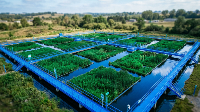 Aerial view of a medium-scale constructed wetland facility with planted cells, water pathways, and surrounding landscape