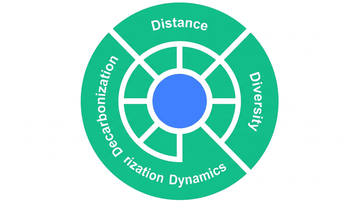 Four-quadrant diagram illustrating the 4D Decision Lens: Distance, Diversity, Dynamics, Decarbonization for wastewater strategy