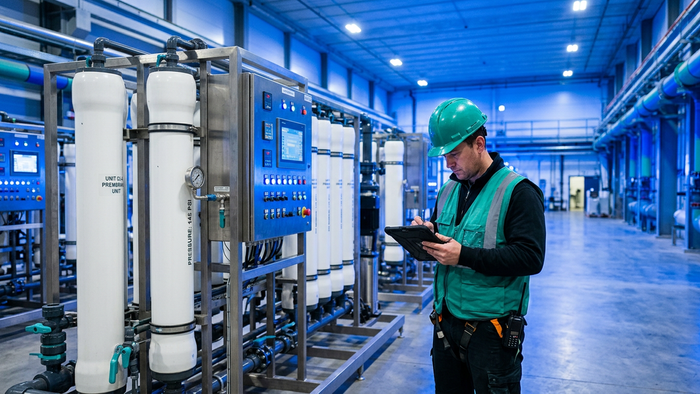 Technician inspecting membrane housings in a modern hybrid water treatment facility