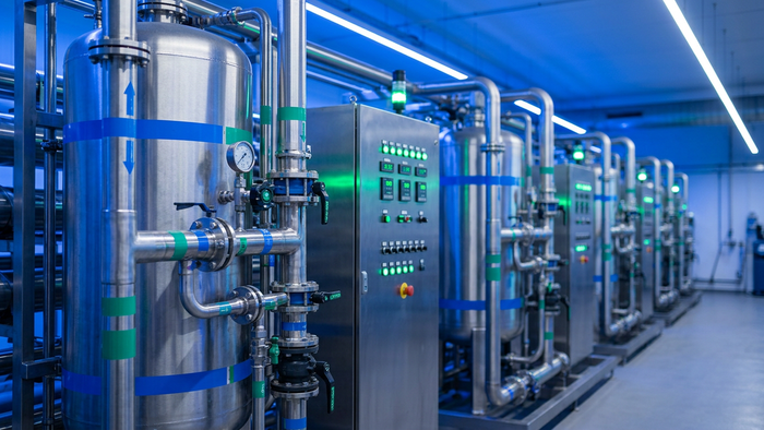 Industrial water treatment room featuring stainless steel reverse osmosis vessels, control panel, and piping