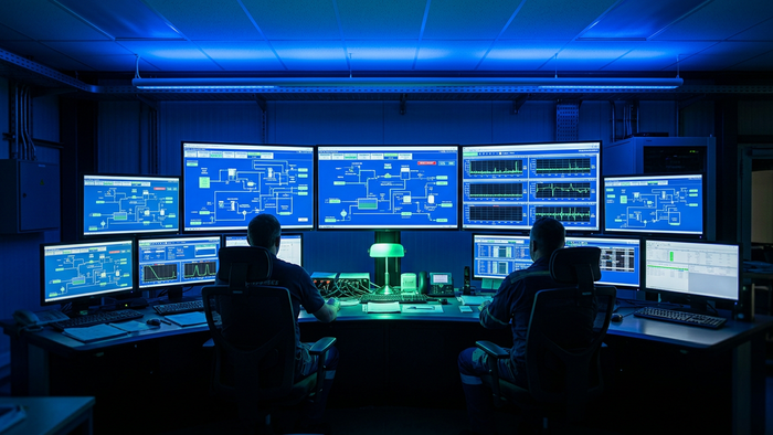 Editorial photograph of a wastewater plant control room with operators monitoring process data screens showing digital twin dashboards