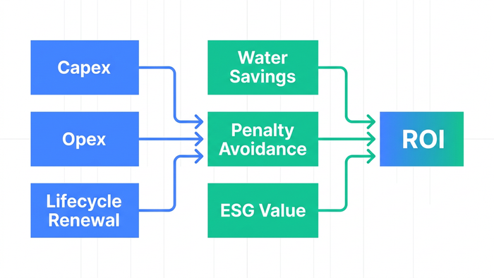 Flow diagram showing cost components and benefit components converging into an ROI box for decentralized wastewater treatment total cost of ownership