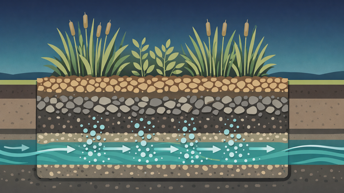 Flat illustration cross-section of an aerated constructed wetland system treating industrial wastewater using nature-based engineering