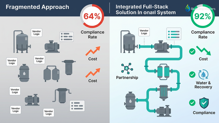 Side-by-side infographic comparison of fragmented versus integrated wastewater treatment approaches, showing compliance rates, cost differences, and strategic benefits of full-stack solutions