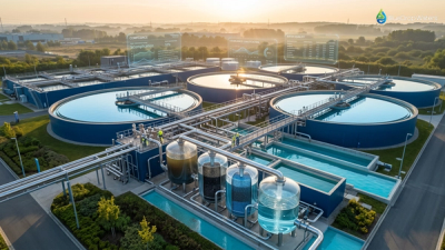 Modern industrial water treatment facility with multi-stage PFAS removal systems showing blue treatment tanks and clean water processing equipment at sunset