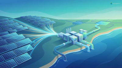Illustration of solar panels and a desalination plant in a blue and green color scheme, showcasing sustainable water production.