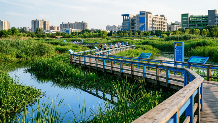Urban wetland park with boardwalk and surrounding buildings illustrating co-benefits of nature-based infrastructure