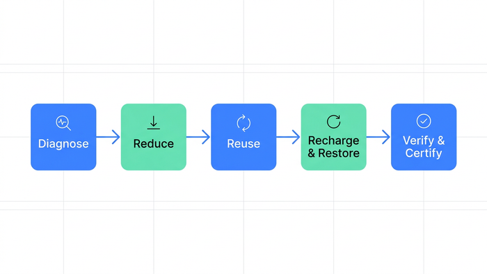 Five-phase net zero water framework diagram: Diagnose, Reduce, Reuse, Recharge & Restore, Verify & Certify