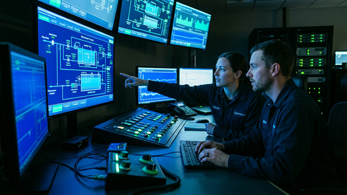 Operators in a wastewater plant control room monitoring large process screens displaying tank data and flow graphs