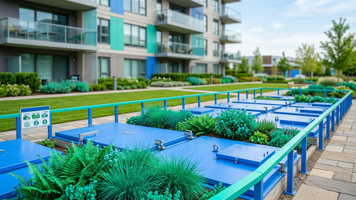 Editorial photograph of a clean, landscaped decentralized treatment plant with covered units surrounded by greenery near residential buildings