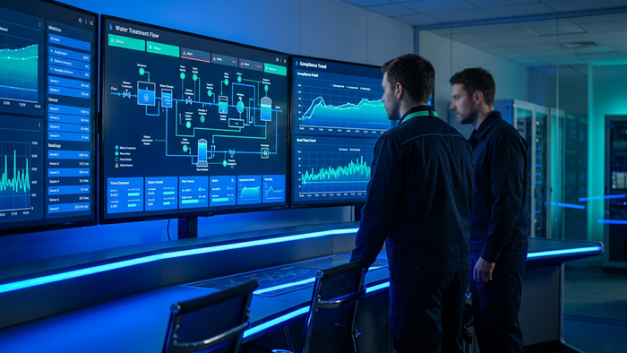 Engineers in a modern water treatment control room reviewing performance dashboards and system schematics on large screens
