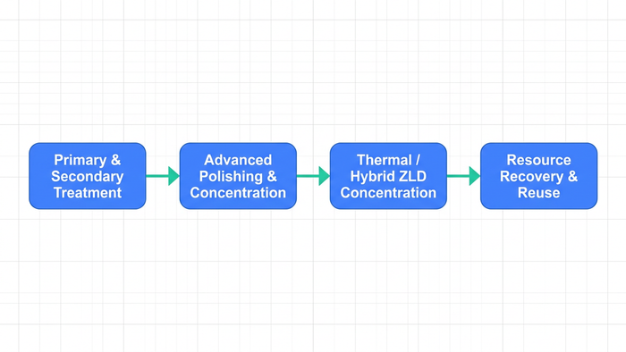 Four-step horizontal process diagram of the 4-Layer ZLD Framework from primary treatment to resource recovery