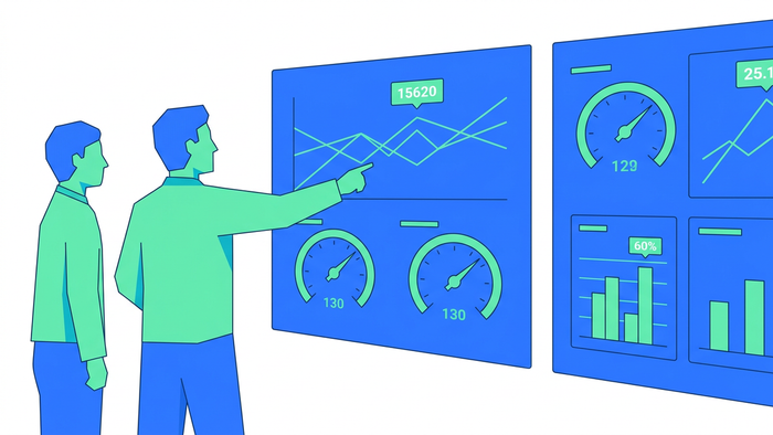 Flat editorial illustration of engineers reviewing water and energy dashboard screens for a ZLD treatment plant