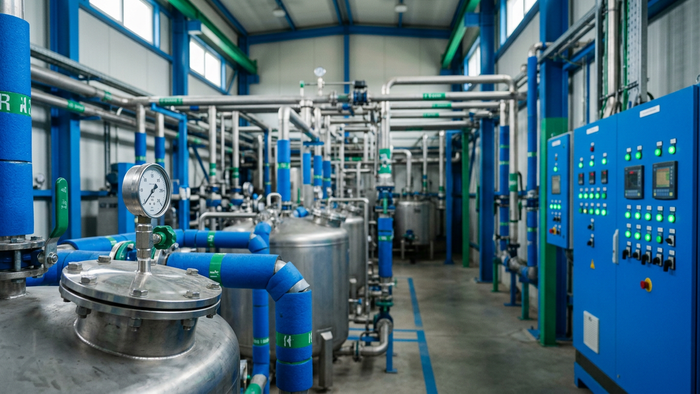 Interior of a modern industrial water treatment plant showing tanks, pipes, and control panels with no people