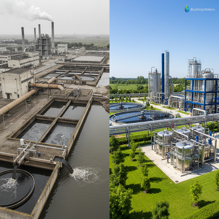 Side-by-side comparison of traditional industrial wastewater discharge methods versus modern Zero Liquid Discharge systems highlighting environmental impact differences