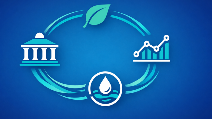 Flat illustration of interconnected icons representing municipal, ecological, data monitoring, and water conservation stakeholders in an urban lake restoration network, in teal and aqua brand colors