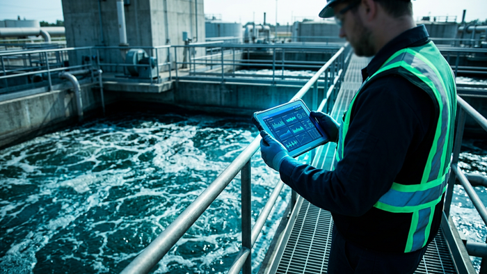 Engineer holding a tablet with a monitoring dashboard on a walkway above aeration basins at a wastewater plant