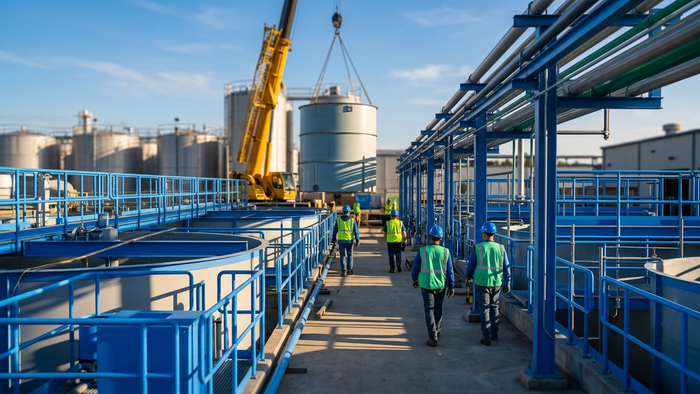 Construction workers installing water treatment tanks and piping racks in the utility yard of a food plant during a ZLD system build