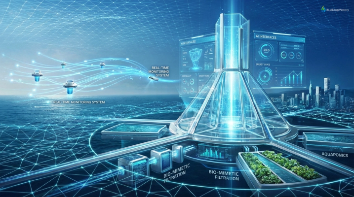 Futuristic illustration of sustainable water technologies with AI and recycling mechanisms in blue and white.