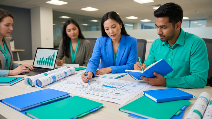 Team of engineers and sustainability leaders collaborating over industrial water treatment schematics and plans spread on a conference table