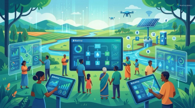 Illustration of a rural community using BlueDrop technology for water management.