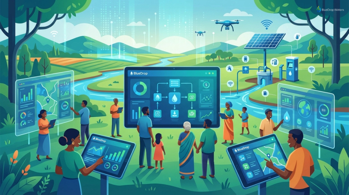 Illustration of a rural community using BlueDrop technology for water management.