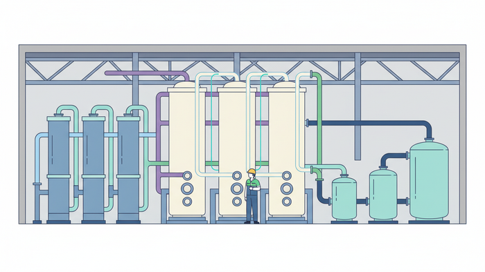 Flat editorial cross-section of a hybrid ZLD treatment train with membrane filtration units, thermal evaporators, and three reuse tanks for cooling, flushing and landscaping, and process water