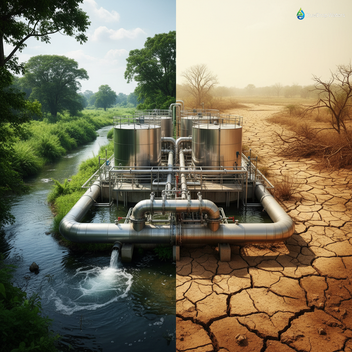 Industrial water treatment facility contrasted against split backdrop of water-abundant green landscape and drought-stricken dry environment, illustrating the critical water scarcity challenge facing modern industry