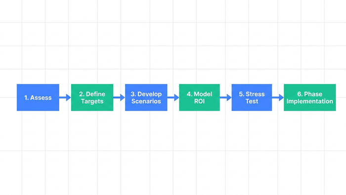 Horizontal process flow diagram showing six labeled steps for transitioning to a hybrid NbS and engineered water treatment system